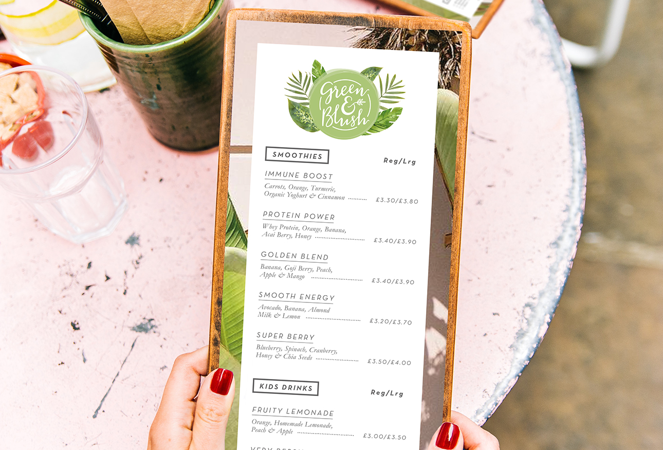 Green and Blush skinny menu design